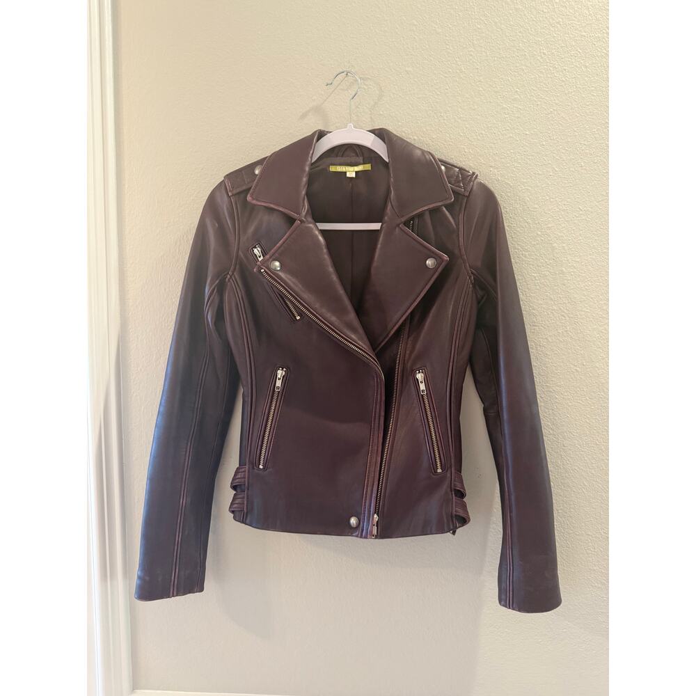 Gianni Bini Women's Genuine Leather Moto Plum Jacket Zip Snap Buckles Sz XS